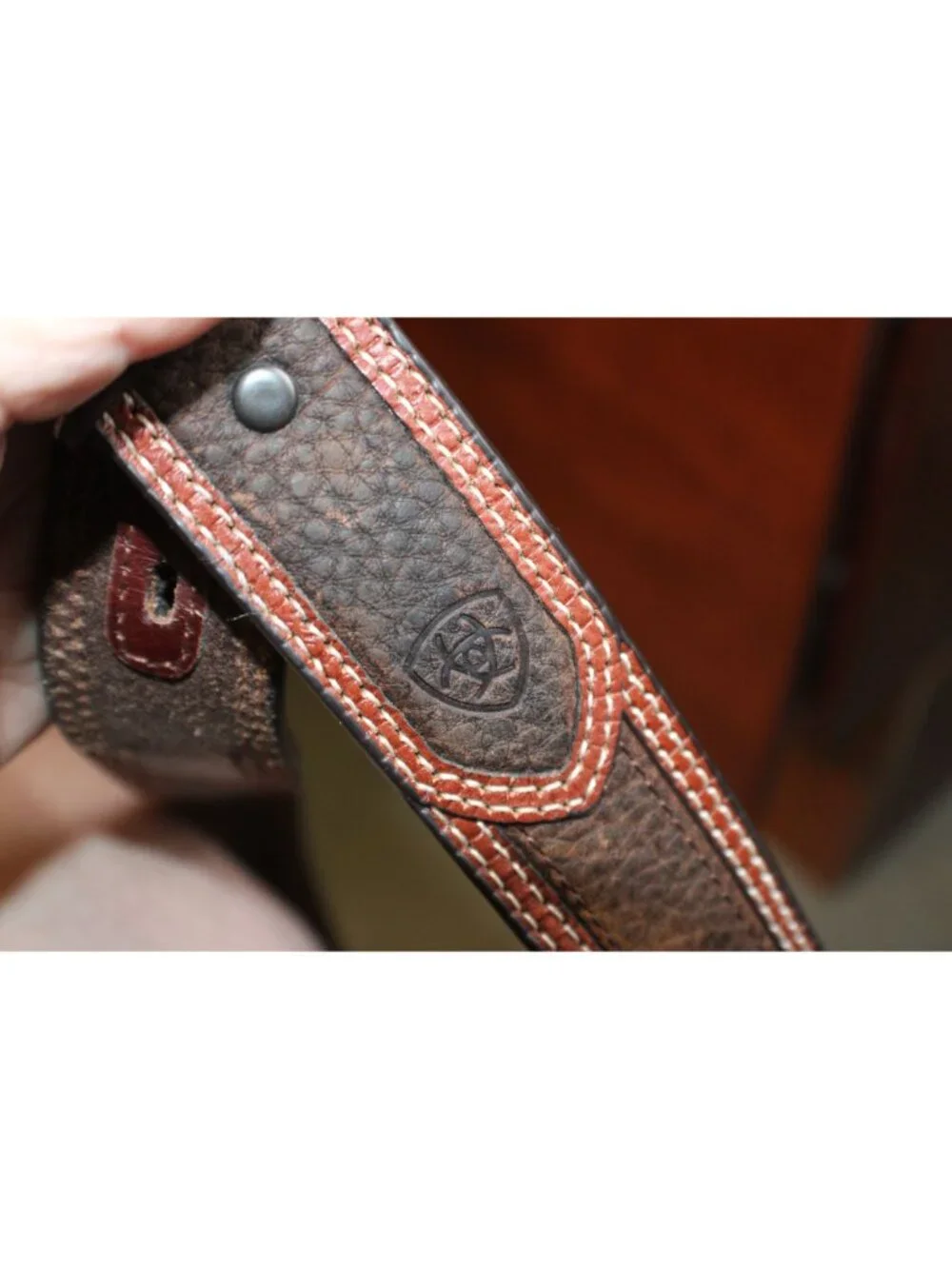 Ariat Mens 46 Two Tone Brown Genuine Leather Belt Double Stitching Silver Buckle